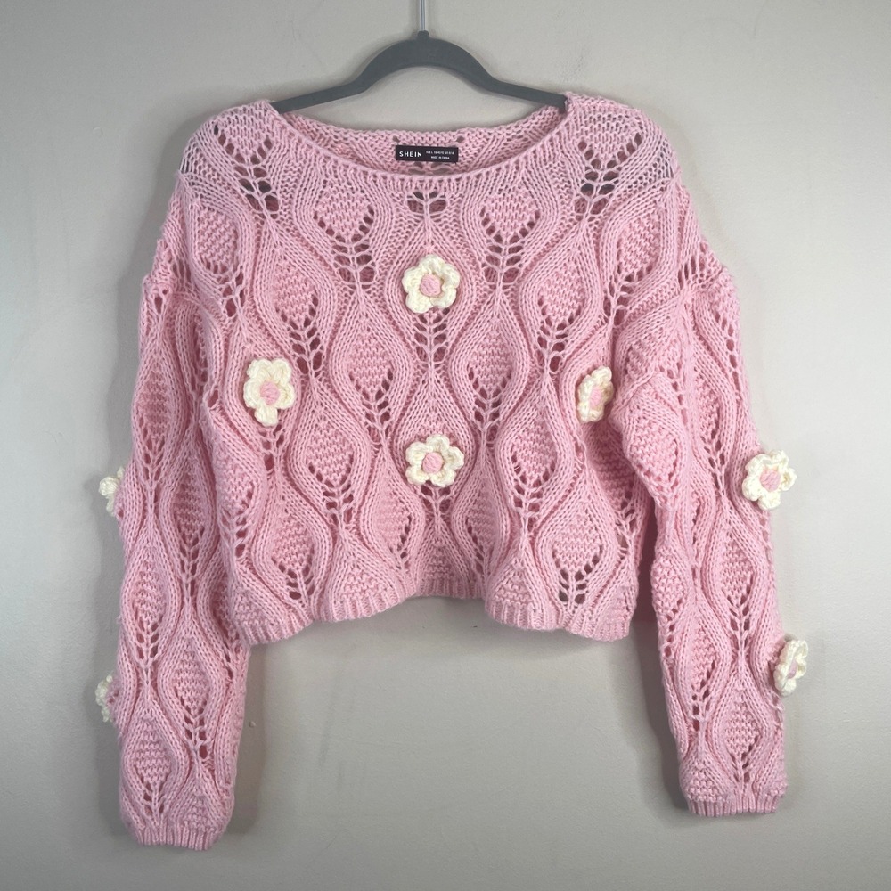 Cottage 3D Floral Sweater Women 8 10 Pink Crochet Coquette Daisy Baggy Crop Cute